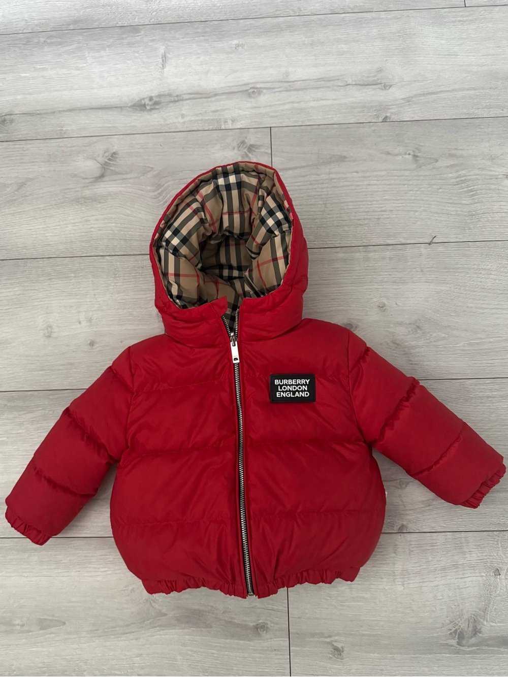 Kids Authentic Burberry Red Puffer Jacket with Check Lining